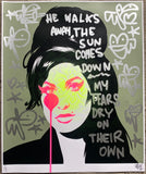 Amy Winehouse HANDFINISHED with stencil spraypaint face - He walks away…