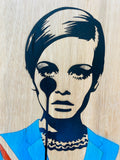 Twiggy in Mod Jacket - Stencil on wooden panel - Framed in white medium edge frame
